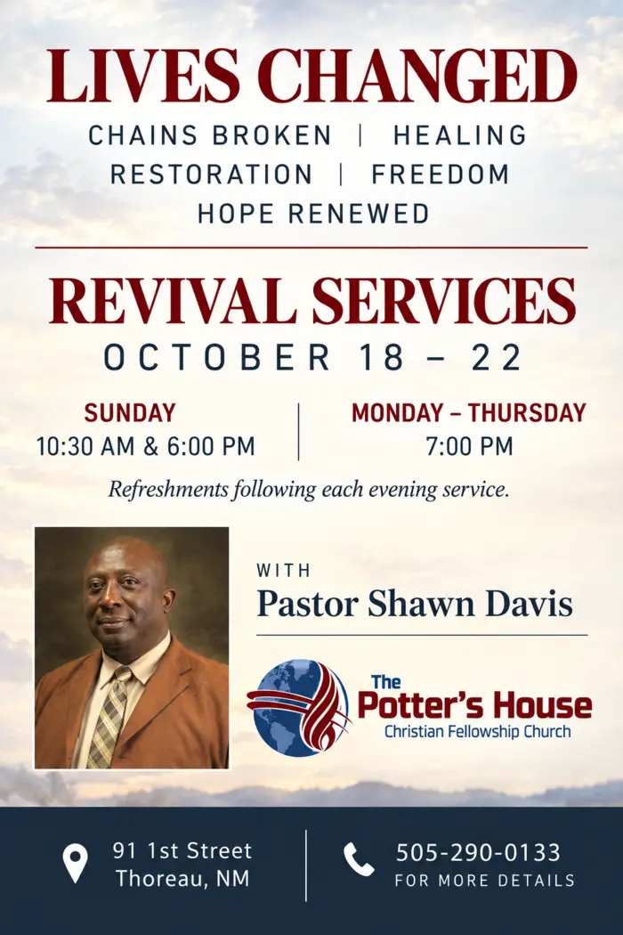 Revival invitation back with dates, service times, Pastor Shawn Davis, and location
